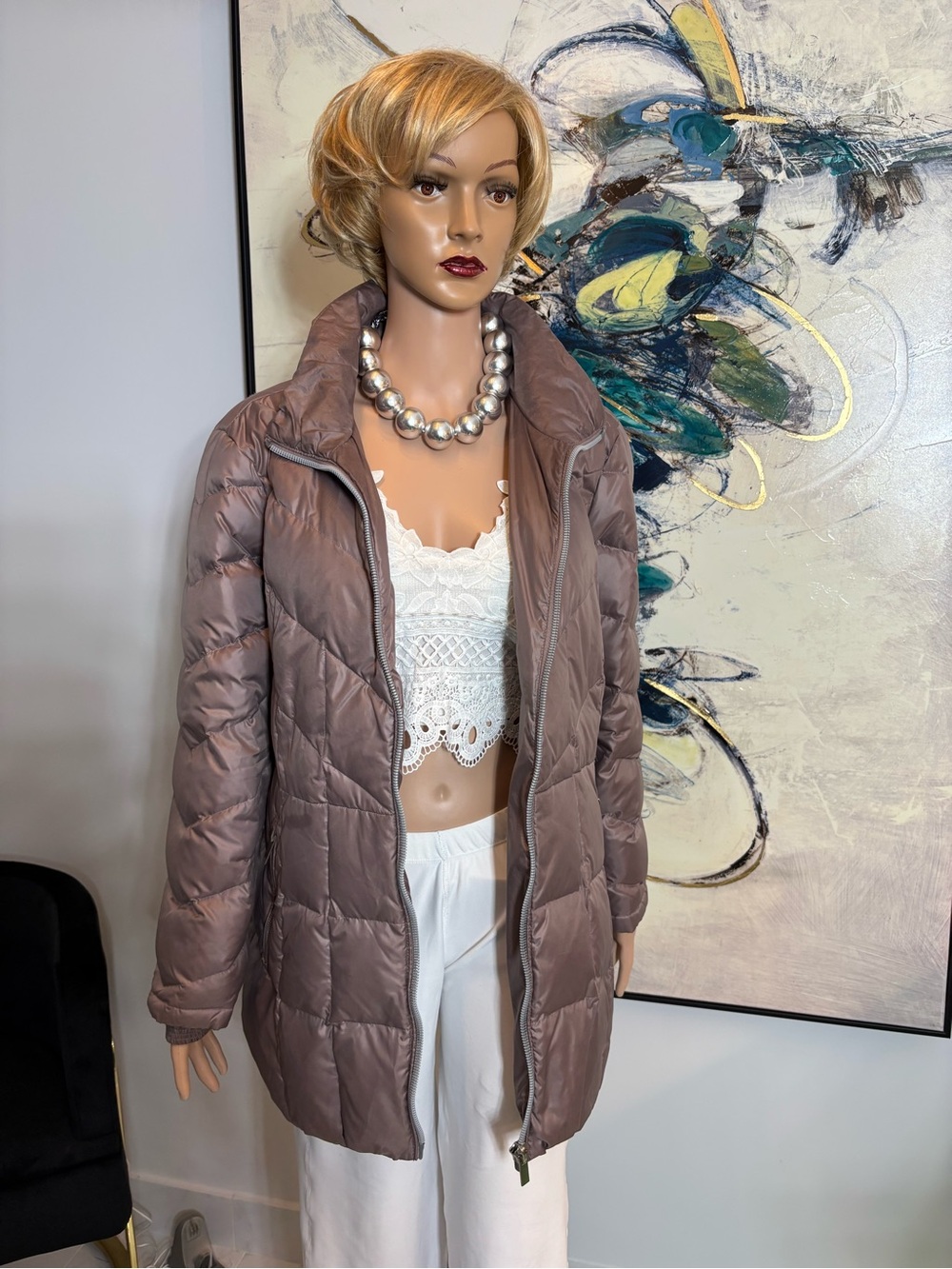 Long Quilted Puffer Coat in Light Taupe - Womens - Picture 11 of 15